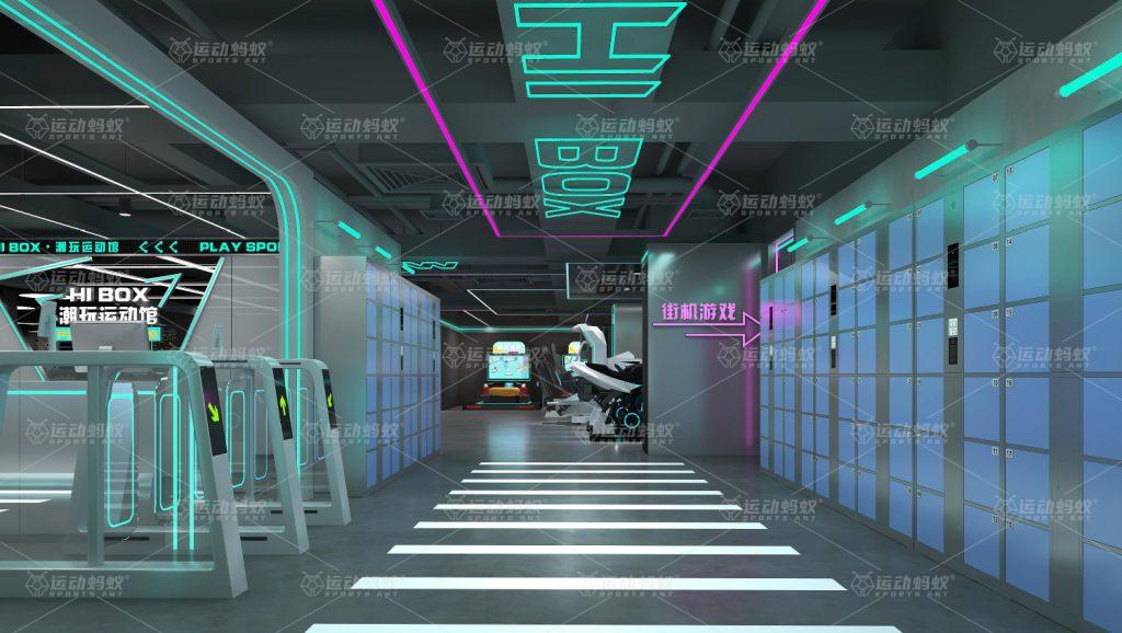 HiBox 潮玩运动馆空间设计效果图,展示需自行落地的动线与灯光方案