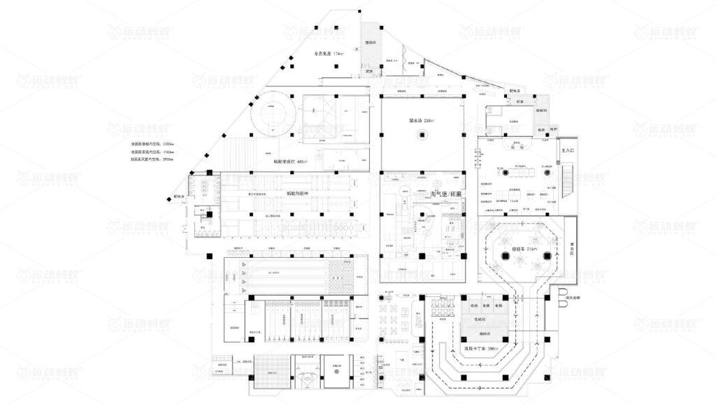数字运动馆项目平面规划图,标注设备分区与主动线